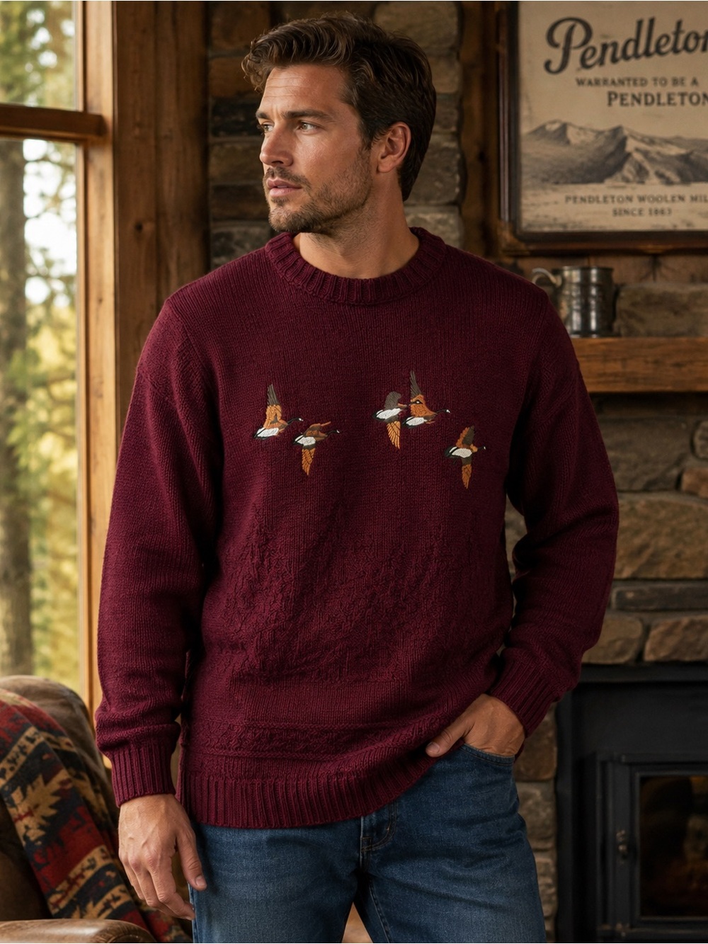 Vintage Pendleton Canadian Geese Mountain Embroidered Wool Sweater Men’s L Burgu